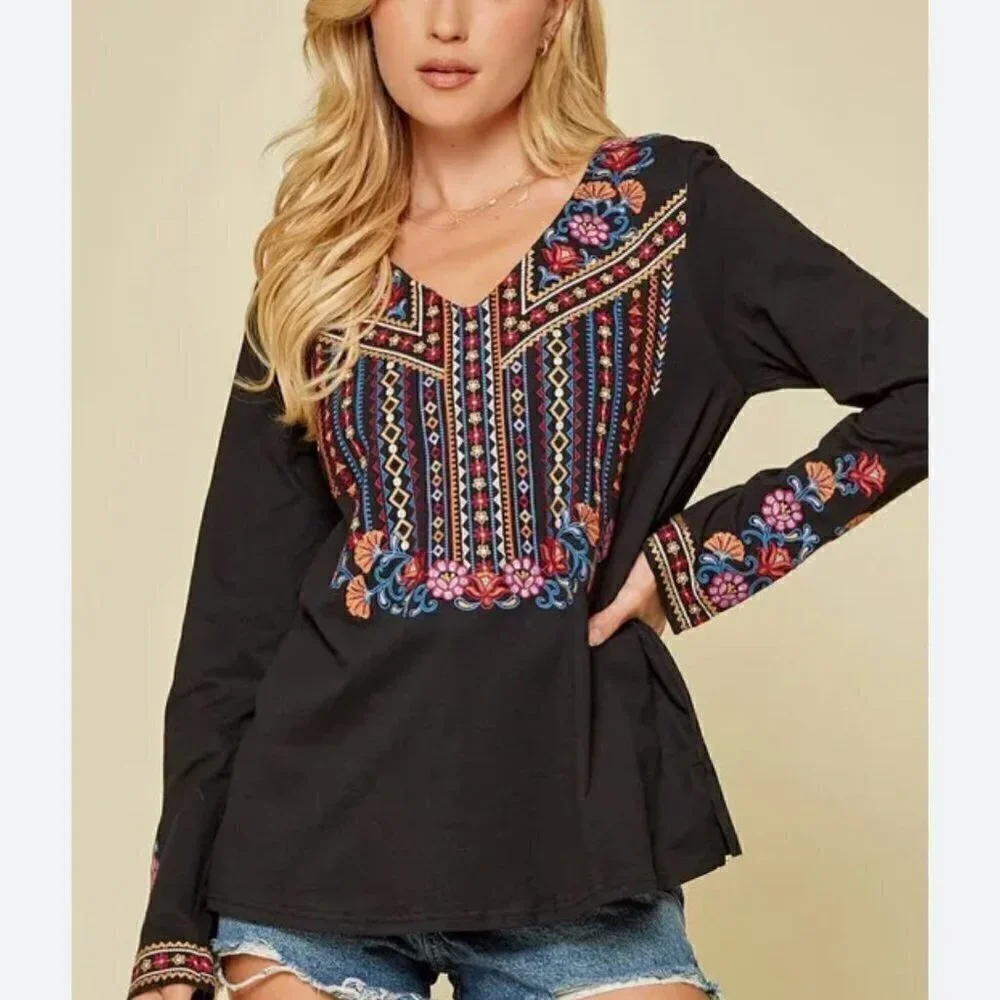 Savanna Jane Maci Embroidered Long Sleeve Boho Top Size Medium